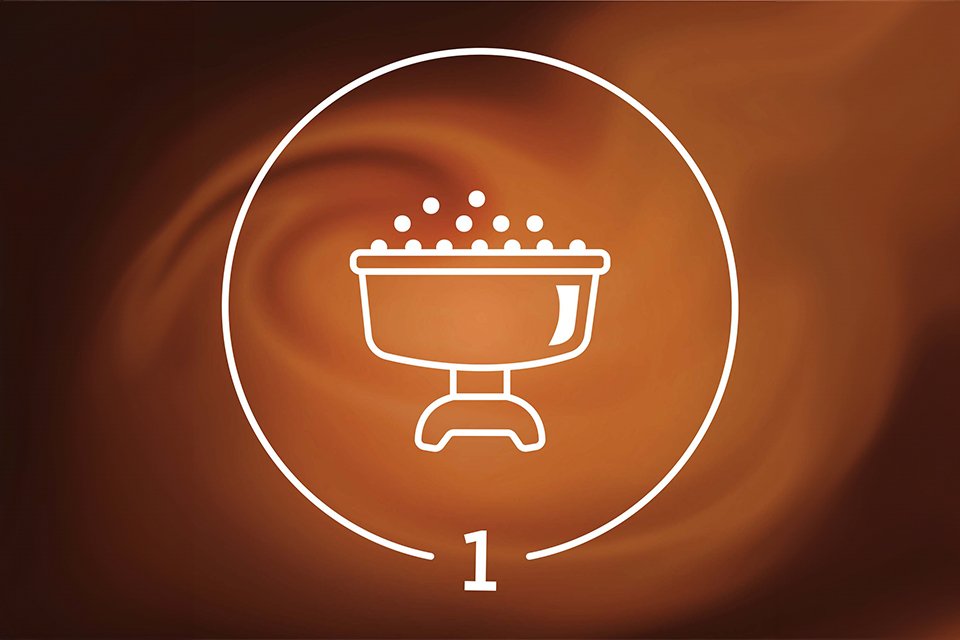 A white outline showing coffee bubbling in a cup on a brown background.